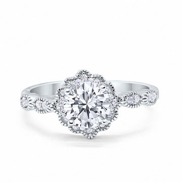 Halo Floral Art Deco Wedding Ring Simulated Cubic Zirconia 925 Sterling Silver